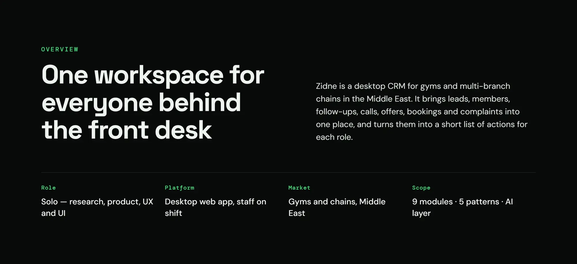 Zidne CRM, slide 02: One workspace for everyone behind the front desk