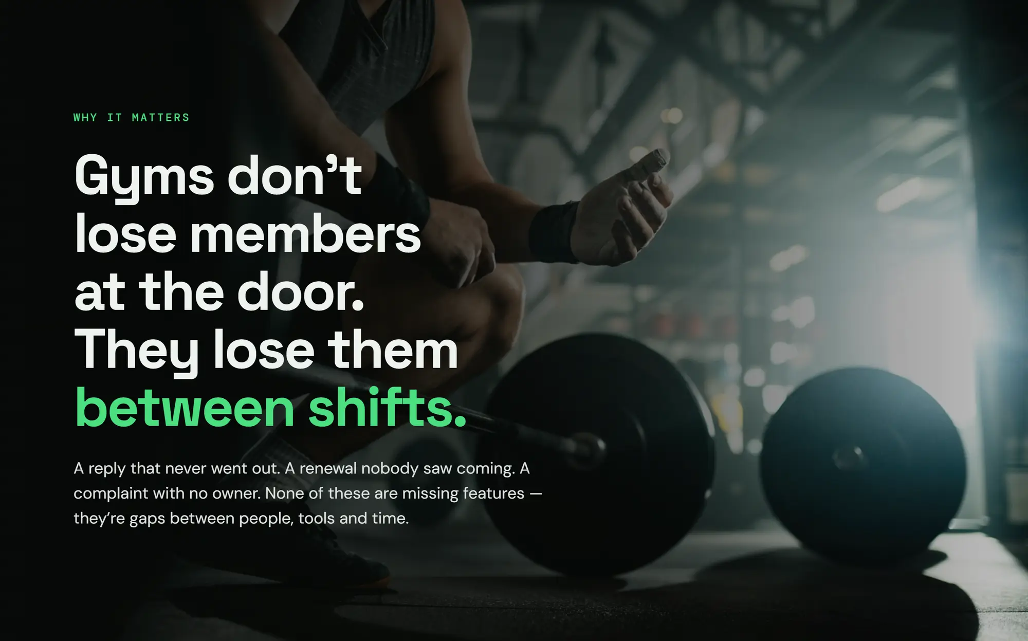 Zidne CRM, slide 04: Gyms don't lose members at the door. They lose them between shifts.