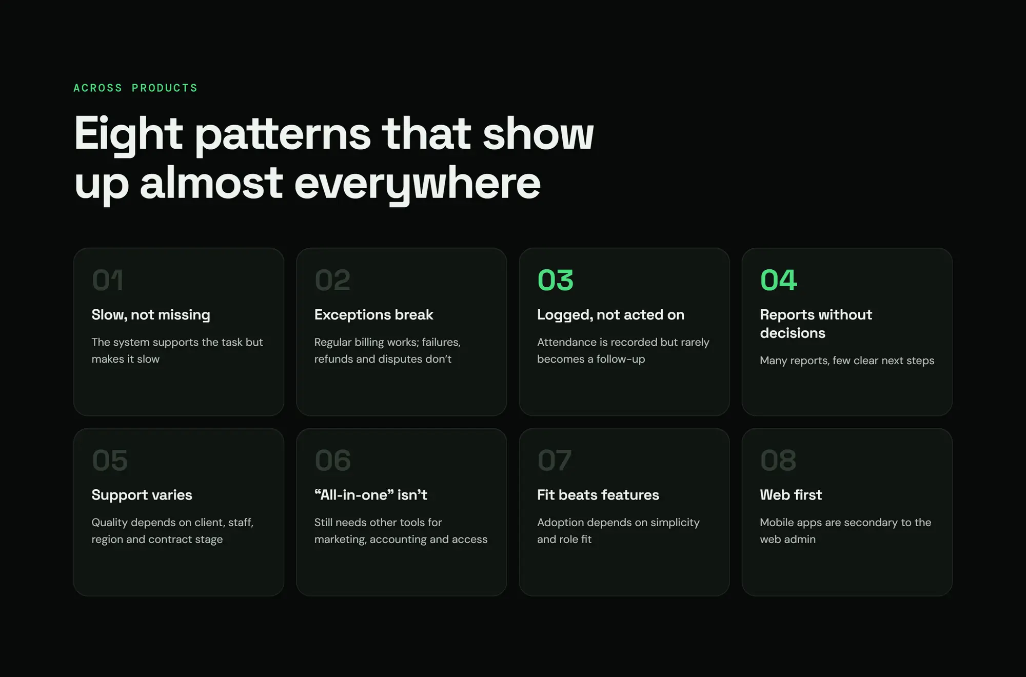 Zidne CRM, slide 10: Eight patterns that show up almost everywhere