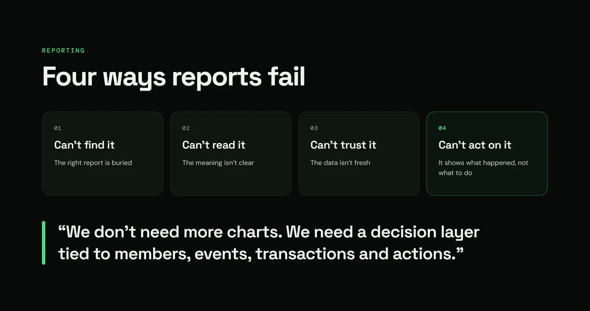 Zidne CRM, slide 13: Four ways reports fail