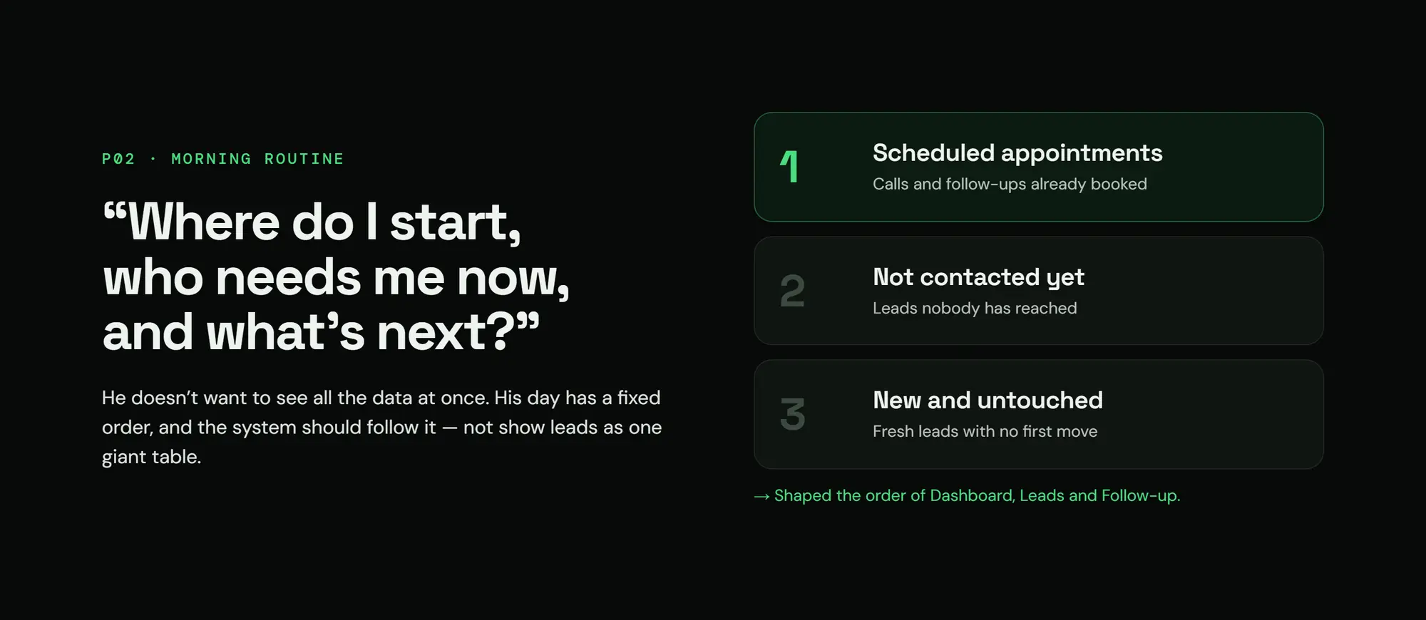 Zidne CRM, slide 25: "Where do I start, who needs me now, and what's next?"